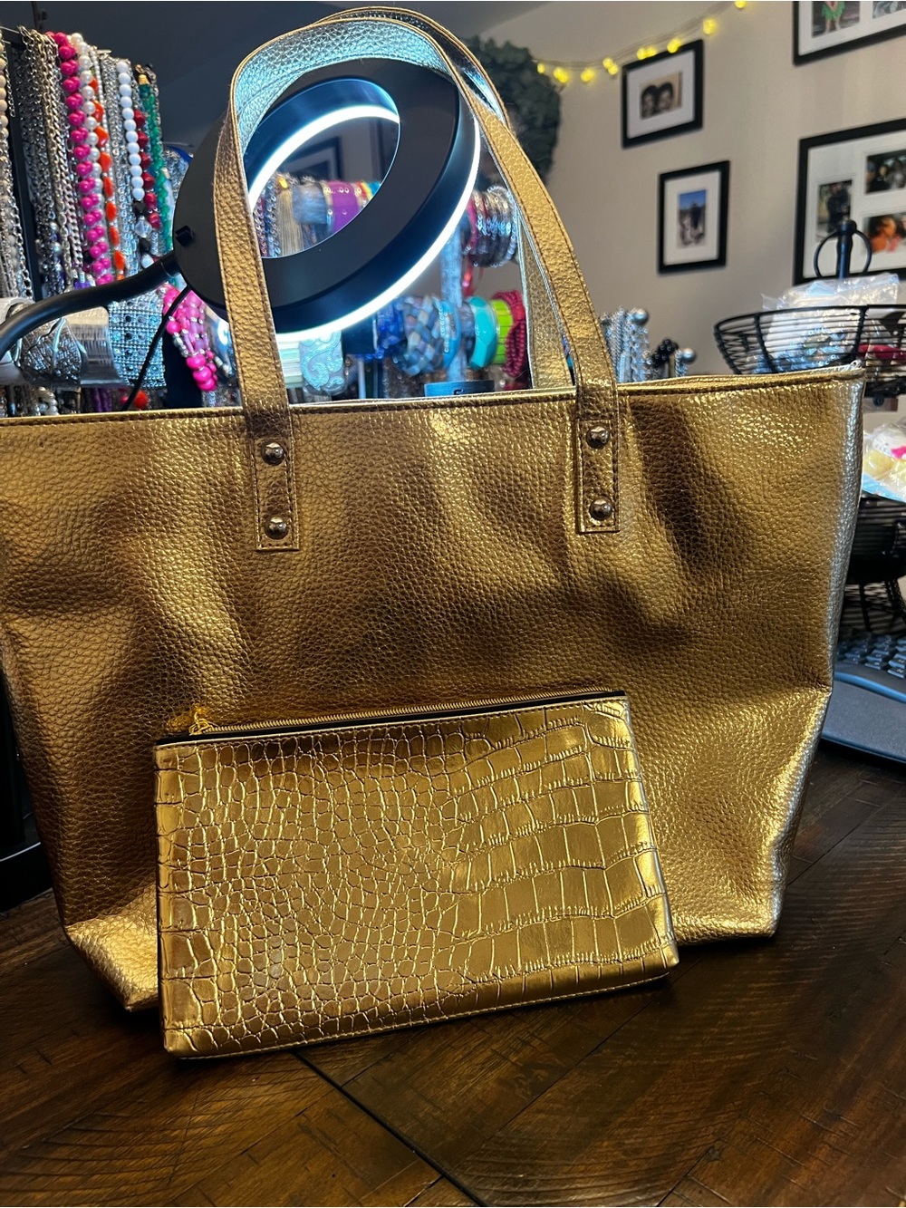 Gold Tote Bag with Matching Pouch Set